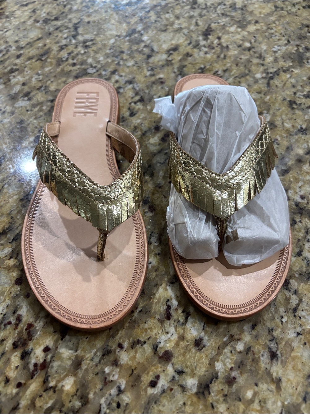 Frye Metallic Gold Fringe Leather Thong Sandals
